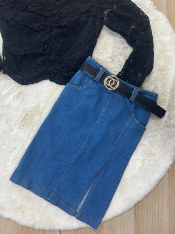 GONNA BAMBINA DI JEANS CON CINTA E SPACCO LATERALE