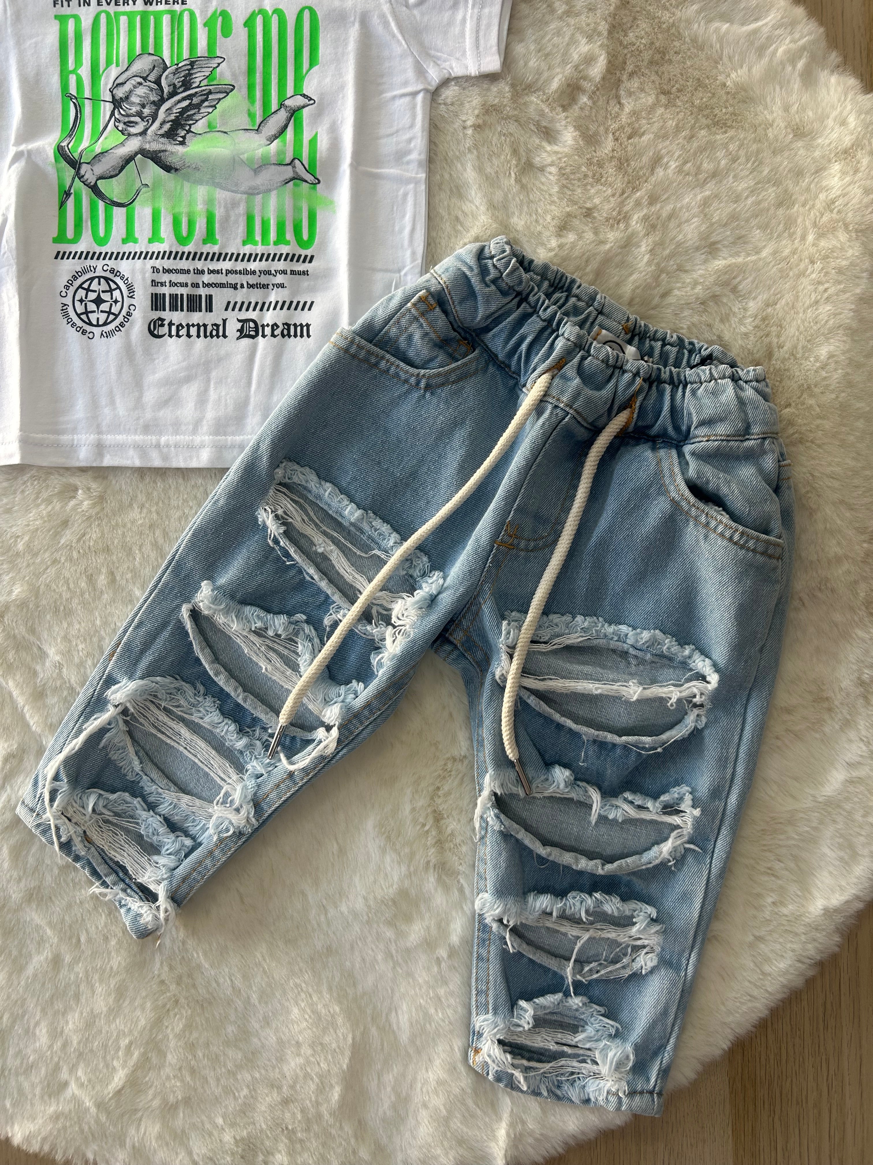 PANTALONI JEANS NEONATO STRAPPATO CON ELASTICO