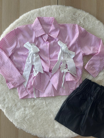 CAMICIA BAMBINA IN COTONE CON ARRICCIATURA E FIOCCHI