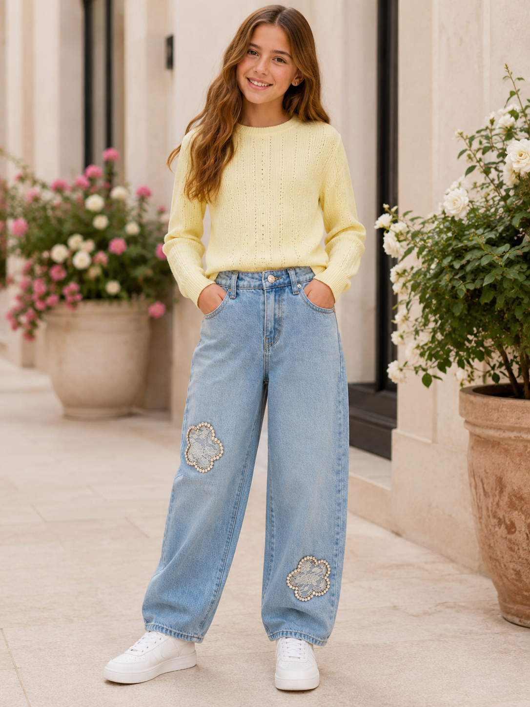 JEANS A PALAZZO BAMBINA CON STRASS