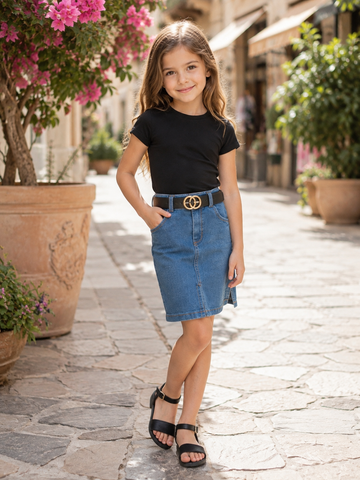 GONNA BAMBINA DI JEANS CON CINTA E SPACCO LATERALE