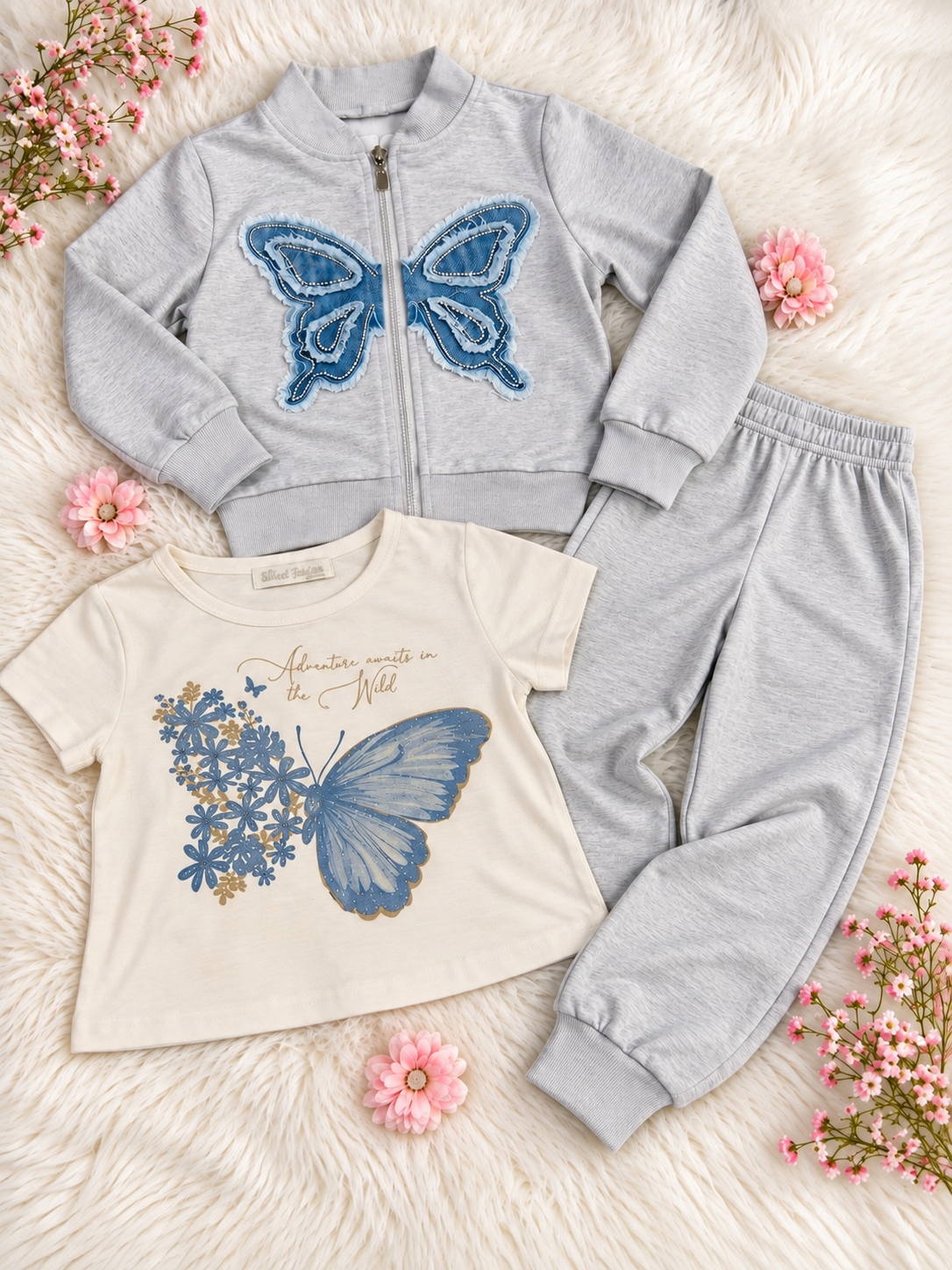 TUTA 3 PZ GARZATA CON FARFALLA DI JEANS