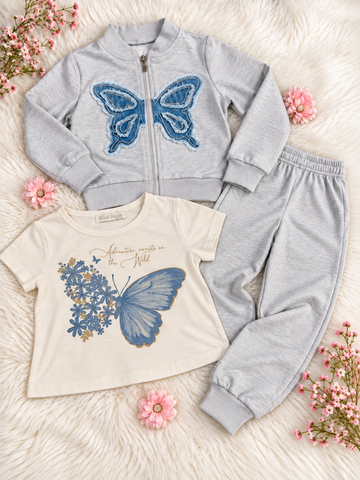 TUTA 3 PZ GARZATA CON FARFALLA DI JEANS